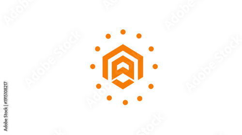 A geometric emblem with a central figure encompassed by dots, all in orange hue