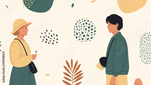 Two people standing and talking to each other, a woman wearing a hat and a man in a jacket.