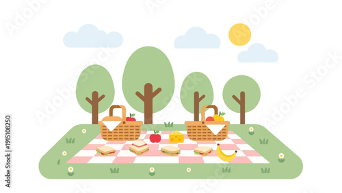 Two picnic baskets and food on a checkered blanket in a park setting.