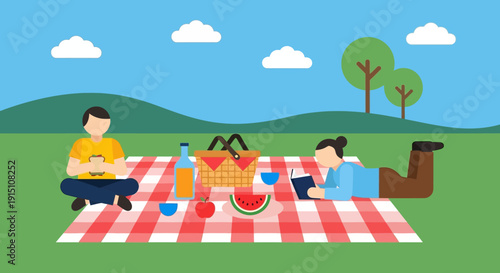 Two people enjoying a relaxing picnic on a red and white checkered blanket.