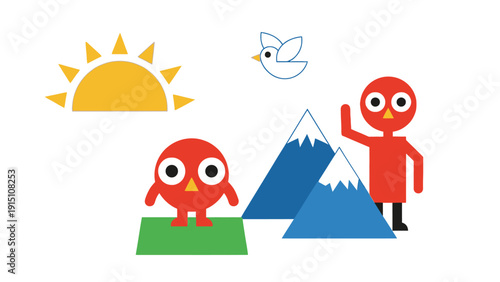 Two red cartoon birds with big eyes, mountains, sun, and flying bird.