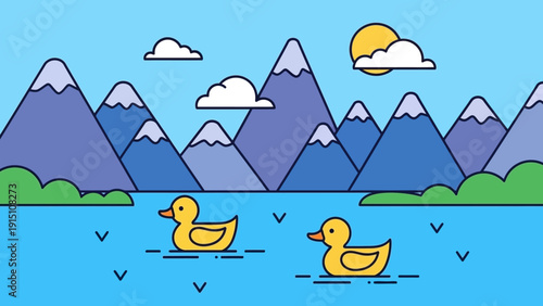 Two yellow ducks swimming peacefully on a calm blue lake.