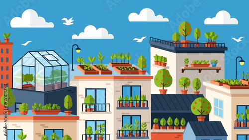 Urban Rooftop Gardens and Greenhouses on City Buildings.