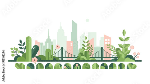 Urban cityscape with green plants and modern buildings.