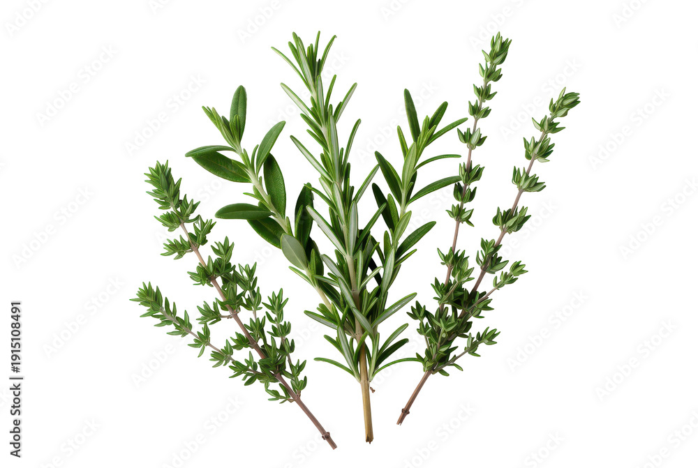 Obraz premium Herb sprigs arranged on table, natural plant layout element, isolated on transparent background PNG