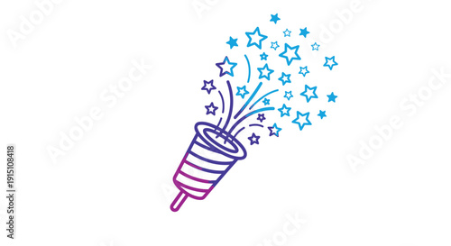 Vector illustration of a purple and blue party popper with stars and sparks isolated on transparent background