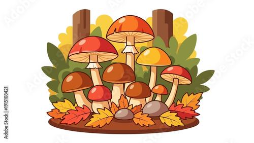 Vibrant autumn mushrooms with colorful leaves and natural elements.