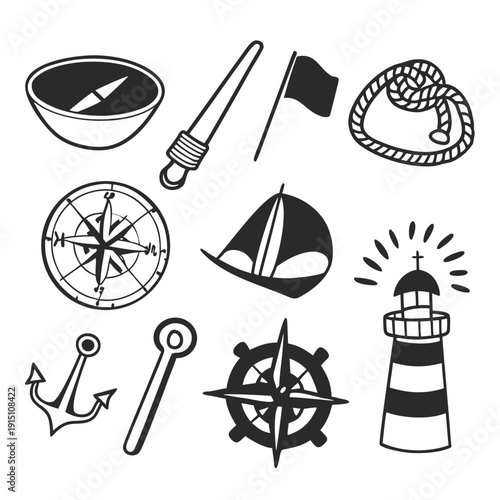 Collection of black nautical vector icons and symbols for summer travel web design illustration