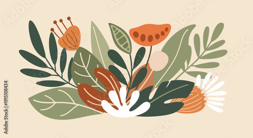 Vibrant botanical illustration with diverse leaves and blooming flowers.