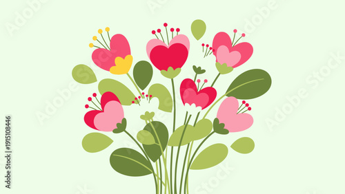 Vibrant bouquet of stylized heart shaped flowers with green leaves.
