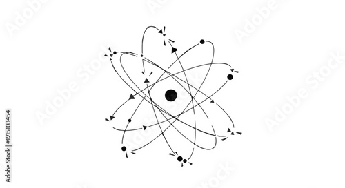 Scientific atom model illustration with electrons orbiting nucleus, educational chemistry diagram for science and physics concepts