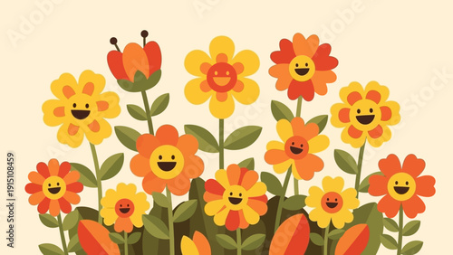 Vibrant cartoon flowers with happy faces blooming in a cheerful garden.