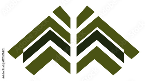 Symmetrical design with layered chevrons of green hues. Central white bar splits the shape