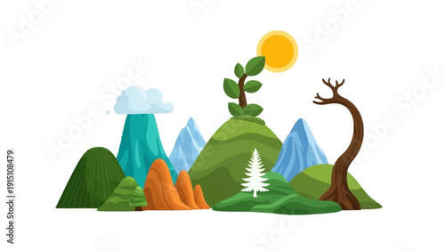Vibrant Cartoon Landscape with Mountains and Trees.