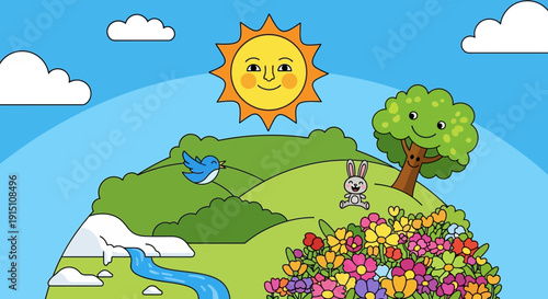 Vibrant Cartoon Landscape with Sun, Mountains, River, Flowers, and Animals.