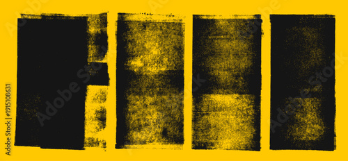 Rough noise dust concrete linocut texture stamp collection. Hand drawn block ink roller printing texture on yellow bg. Distress ink paint grunge effect for retro or vintage aged design template.