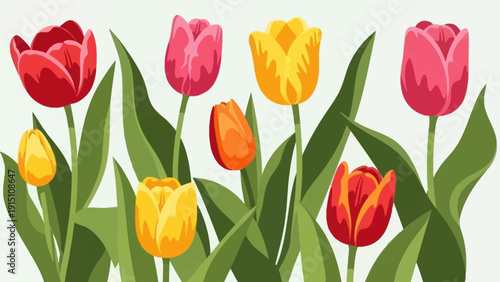 Vibrant Colorful Tulips Blooming in a Lush Green Garden.