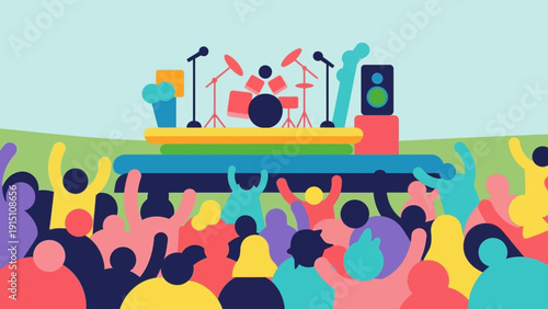 Vibrant Crowd Enjoying Live Music Concert with Stage and Instruments.