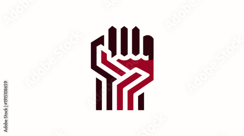 A clenched fist raised in solidarity, with geometric lines and shades of maroon and dark red