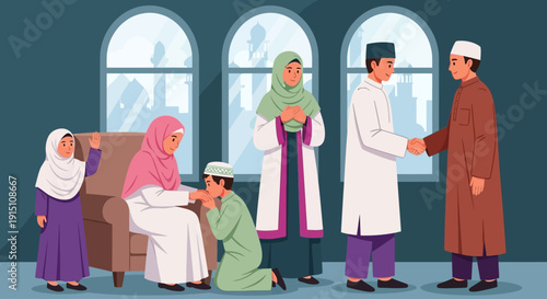 Family gathering in a serene living room with traditional attire and cultural exchange