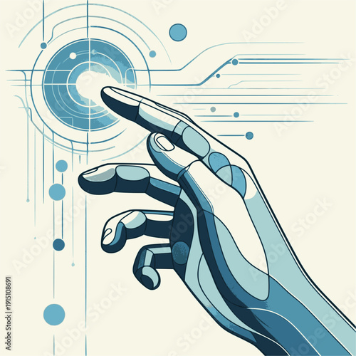 Minimalist technical illustration of a bionic hand touching a digital HUD interface, future tech concept