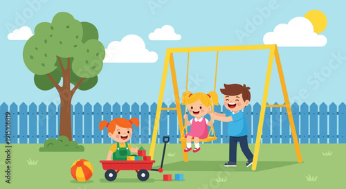 Three happy children playing together in a vibrant outdoor playground.