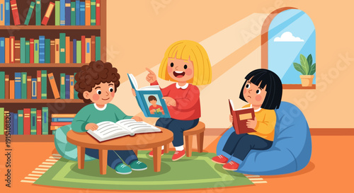 Three happy children reading books together in a cozy room.