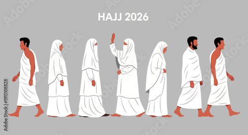 Pilgrims in white robes walking in unison during Hajj ritual