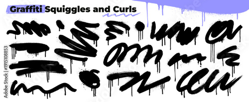 Graffiti spray paint squiggly lines with drips and paint splatters. Curly strokes with loops, bold brush drawn underlines, and blots. Aerosol effect grunge clip art. Hand drawn street art elements.