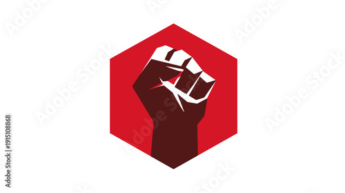 A stylized vector illustration of a clenched fist inside of a red polygon on a white background