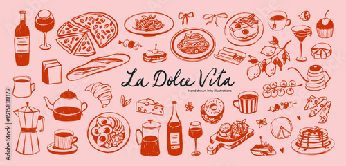 Hand drawn Italian whimsical doodle sketch clip art. Vintage La dolce vita (sweet life in Italian) icons. Crayon or brush drawn cheese, coffee cup, glass of wine with pasta, eggs or cheese.