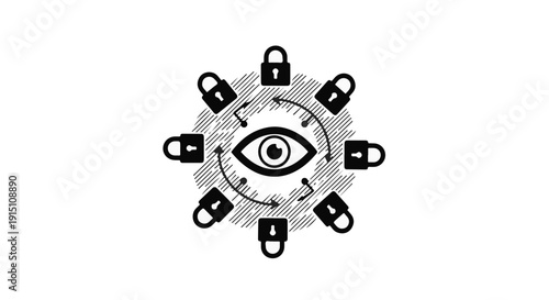 Security surveillance eye with locks around, protection concept, safety and privacy illustration, modern symbol of data protection and cybersecurity