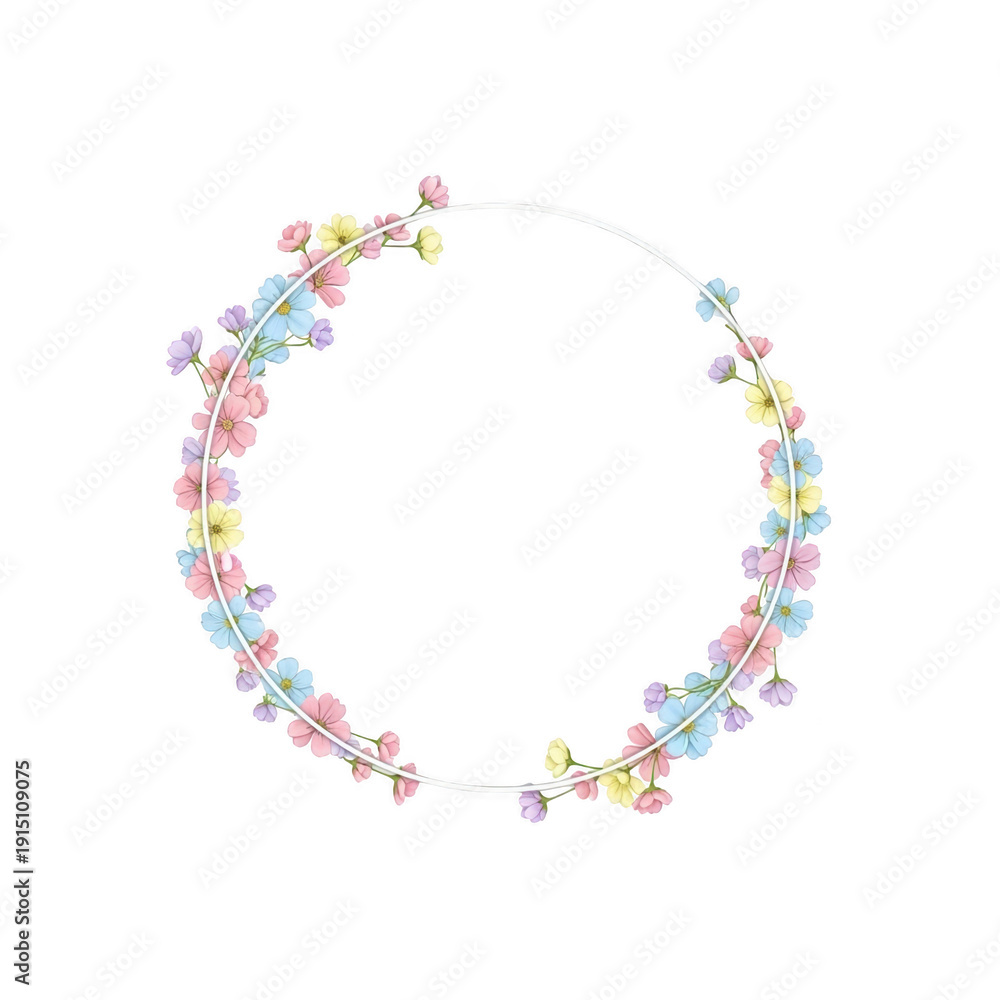 Obraz premium Delicate pastel flowers forming a circular border isolated on transparent background