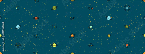 Space seamless pattern with planets, moons and stars. Abstract galaxy background, celestial pattern with cute planets with orbits and satellites in dark night sky, vector illustration