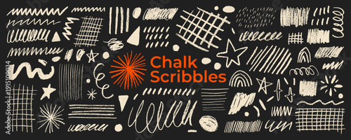 Scribble chalk doodle collection. White crayon or pastel pencil drawing, squiggles, underlines, whimsical doodle lines on blackboard background. Rough chalk sketchy smears and scribbles, stars, grid.