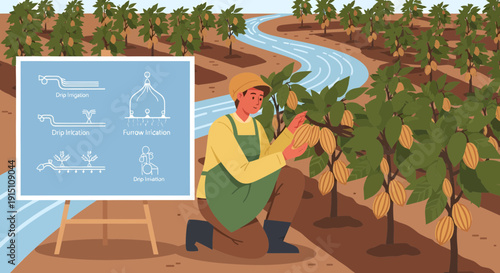Farmer Cultivating Cocoa Plants with Irrigation System Diagram.