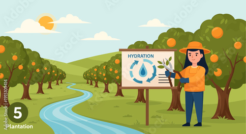 Farmer Explaining Hydration Cycle in Orchard Illustration.