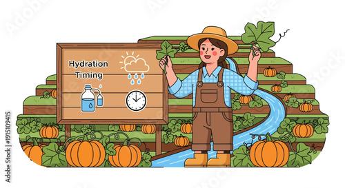 Farmer Explaining Hydration Timing in Pumpkin Patch Illustration.