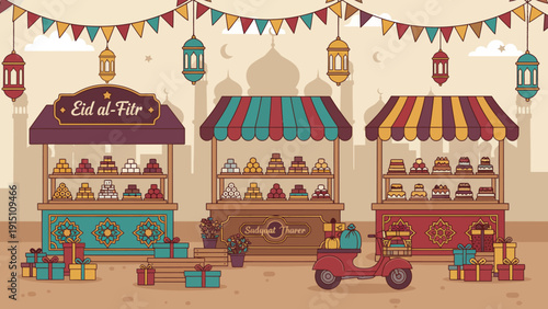 Vibrant street vendors selling traditional sweets at Eid al Fitr celebration in a festive outdoor market scene