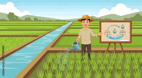 Farmer Explaining Irrigation System in Rice Field with Diagram.