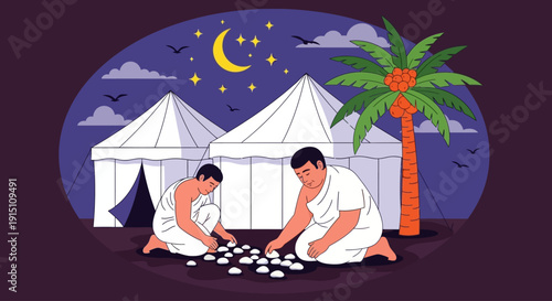 Two men play a board game in a serene desert campsite under a starry night sky with crescent moon and palm tree