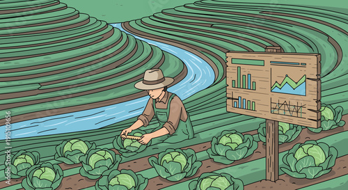 Farmer Inspecting Cabbage Crop with Data Display in Field.