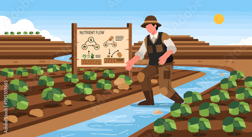 Farmer Inspecting Crops in Field with Irrigation System.