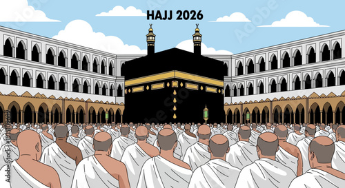Pilgrims gathered around the Kaaba during Hajj 2026, a significant Islamic ritual, viewed from behind in an illustration