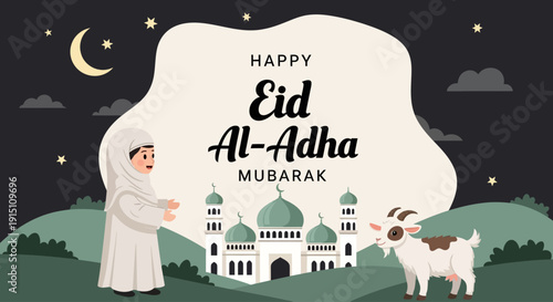 A serene Eid Al-Adha celebration illustration at dusk with mosque, goat, and person in traditional attire