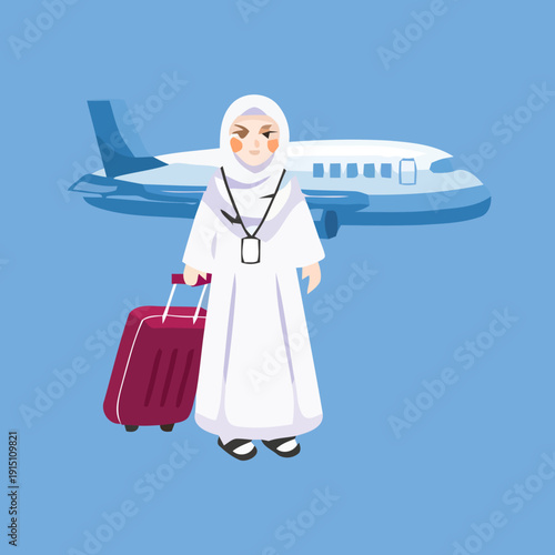 Woman in white hijab standing with luggage in front of an airplane