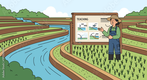 Farmer teaching about rice terraces and sustainable agriculture practices.