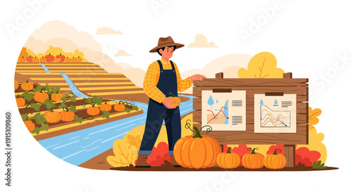 Farmer presenting pumpkin crop data at autumn harvest.