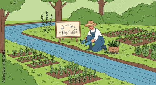 Farmer tending to a riverside garden with a plan.