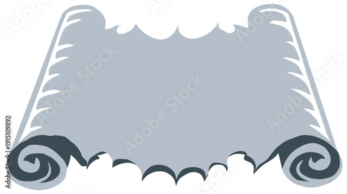 A rolled-up scroll, gray color, with detailed edges, and a ripped bottom